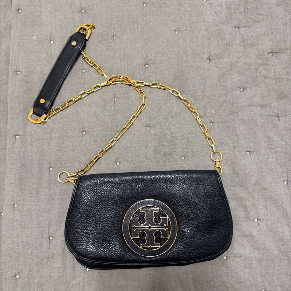 Tory Burch Black and Gold Crossbody Bag with Textured Finish